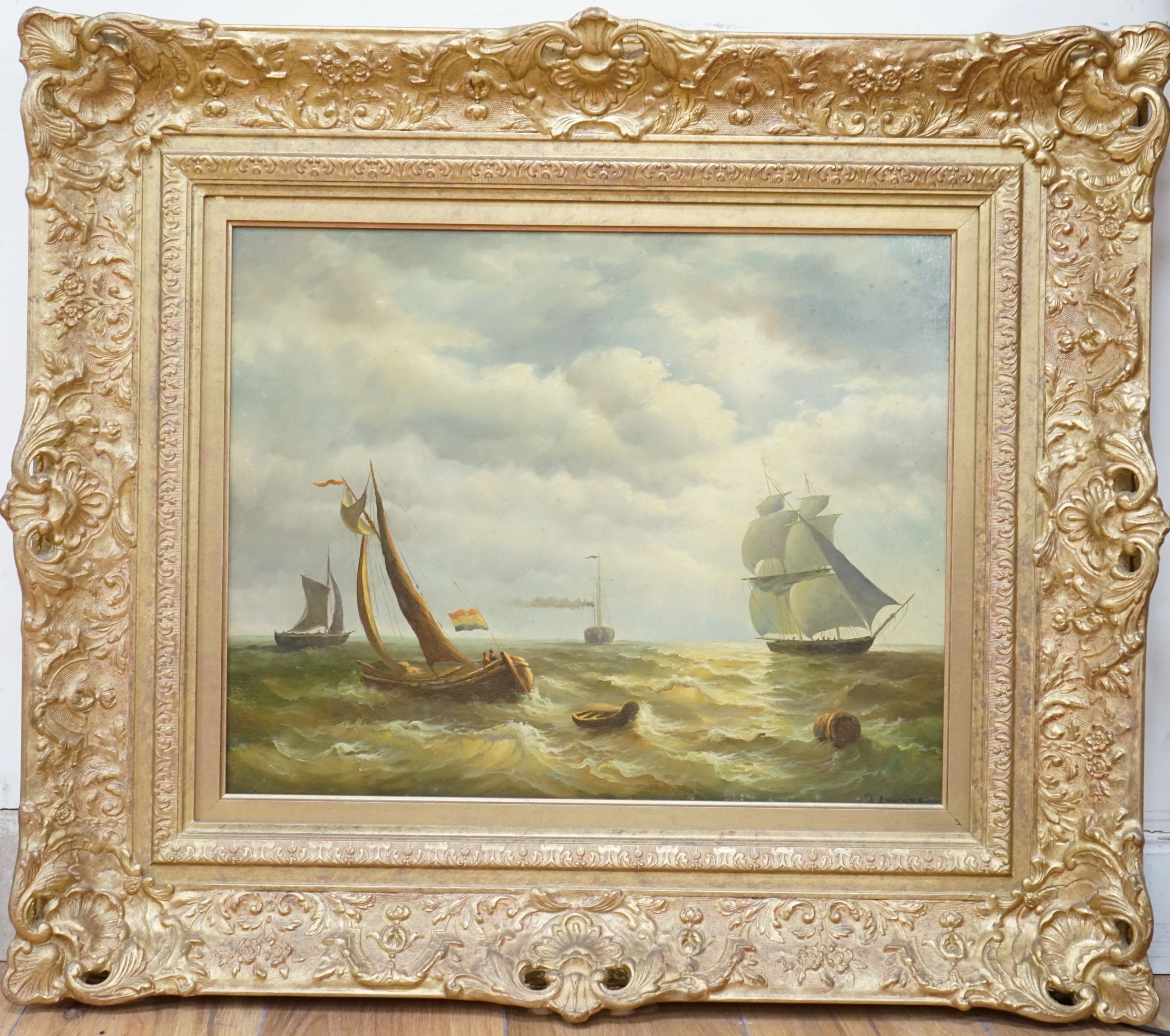 J. Lawrence, oil on board, Shipping off the coast, signed, 39 x 49cm